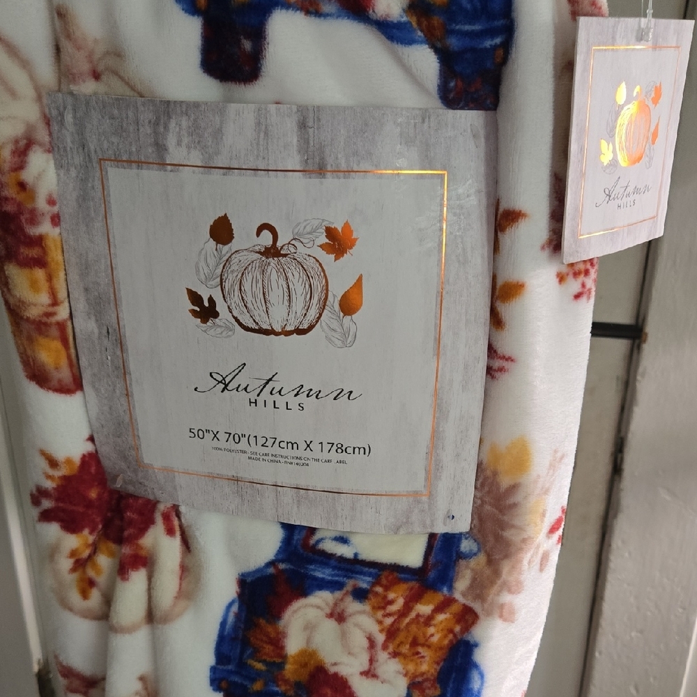 Fall Fleece Blanket - Cream, Blue, And Burgandy